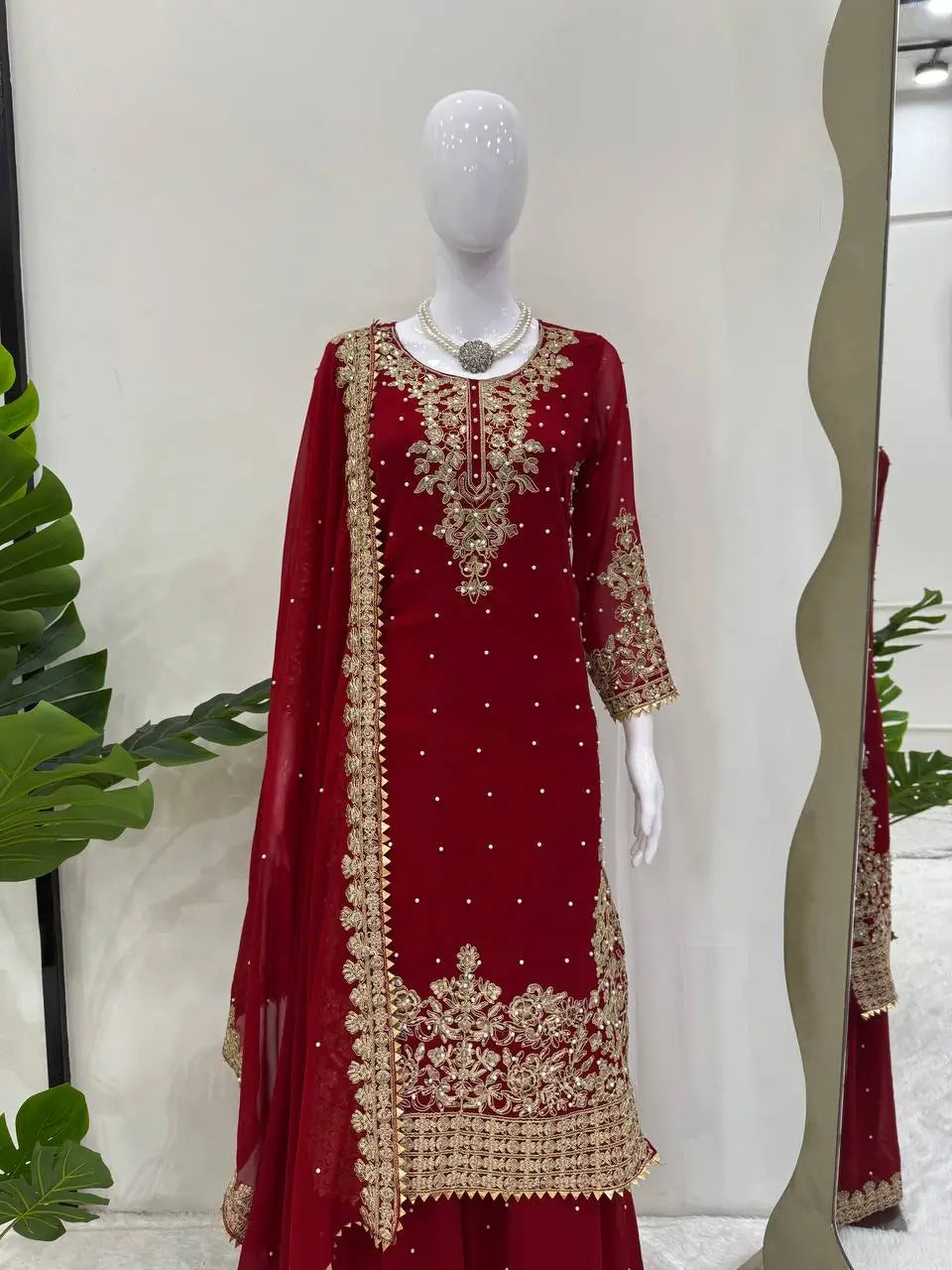 Faux Georgette Embroidered Plazo Suit with Dupatta
