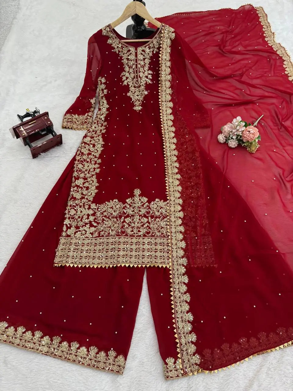 Faux Georgette Embroidered Plazo Suit with Dupatta