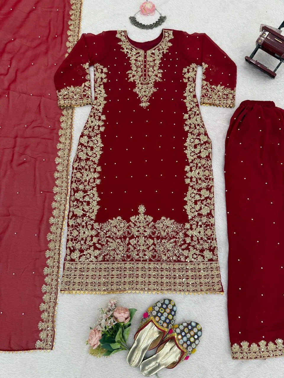 Faux Georgette Embroidered Plazo Suit with Dupatta