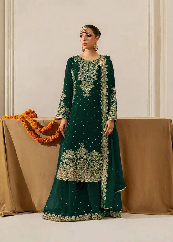 Faux Georgette Embroidered Plazo Suit with Dupatta