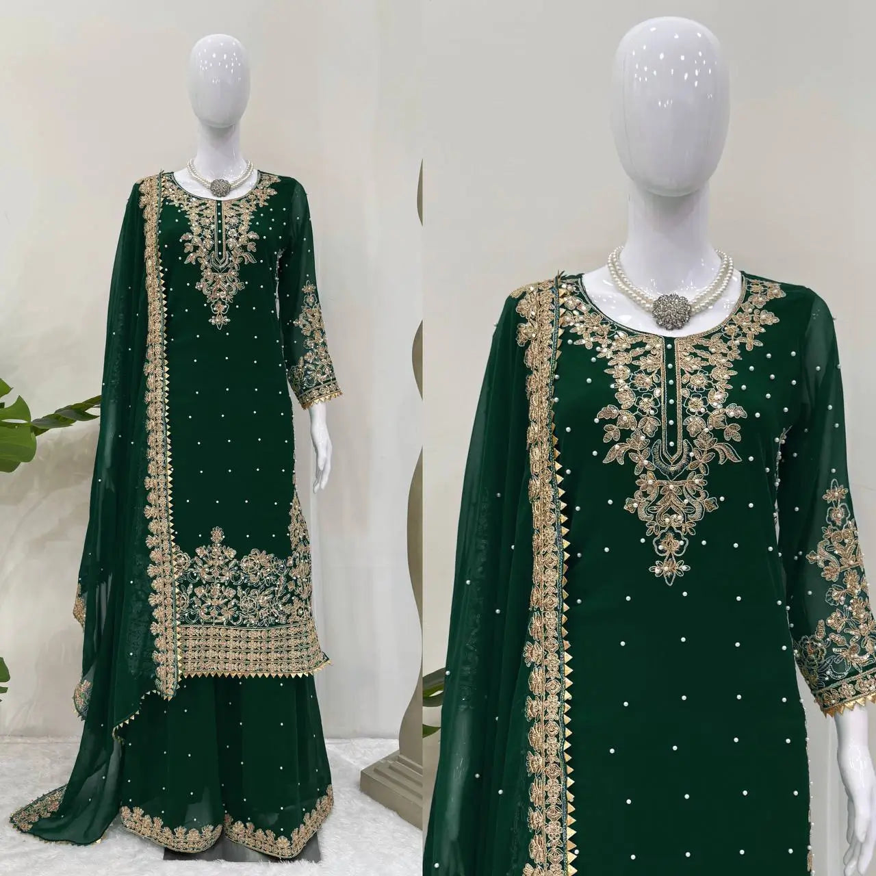 Faux Georgette Embroidered Plazo Suit with Dupatta