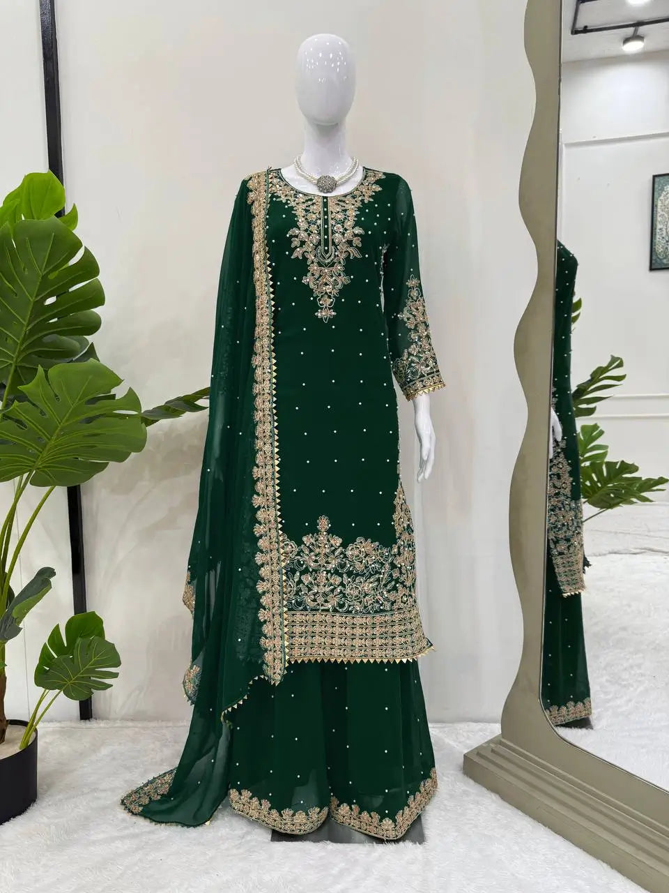 Faux Georgette Embroidered Plazo Suit with Dupatta