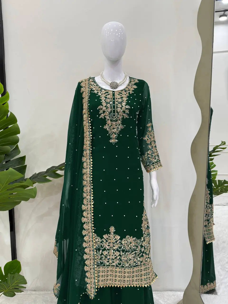 Faux Georgette Embroidered Plazo Suit with Dupatta