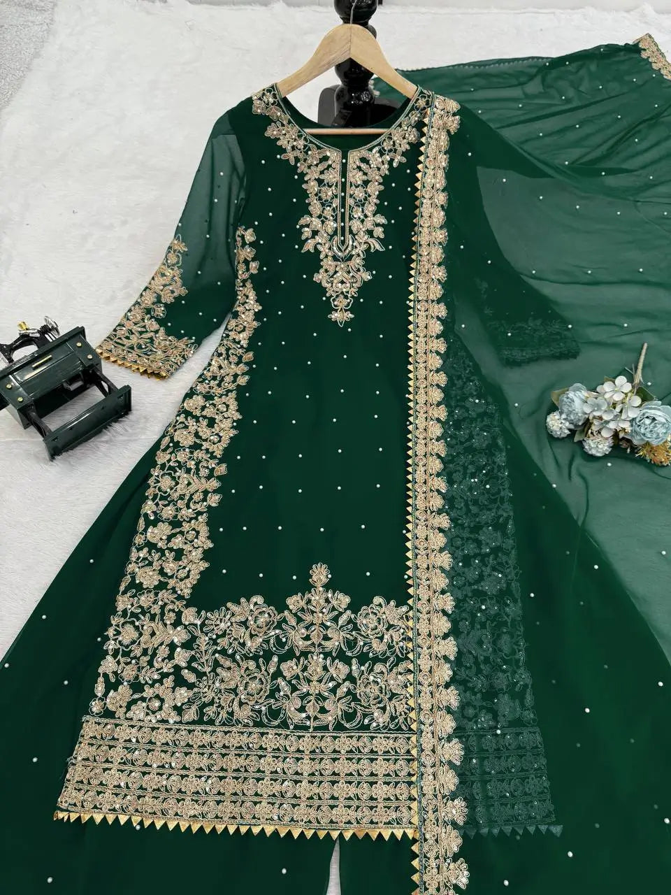 Faux Georgette Embroidered Plazo Suit with Dupatta