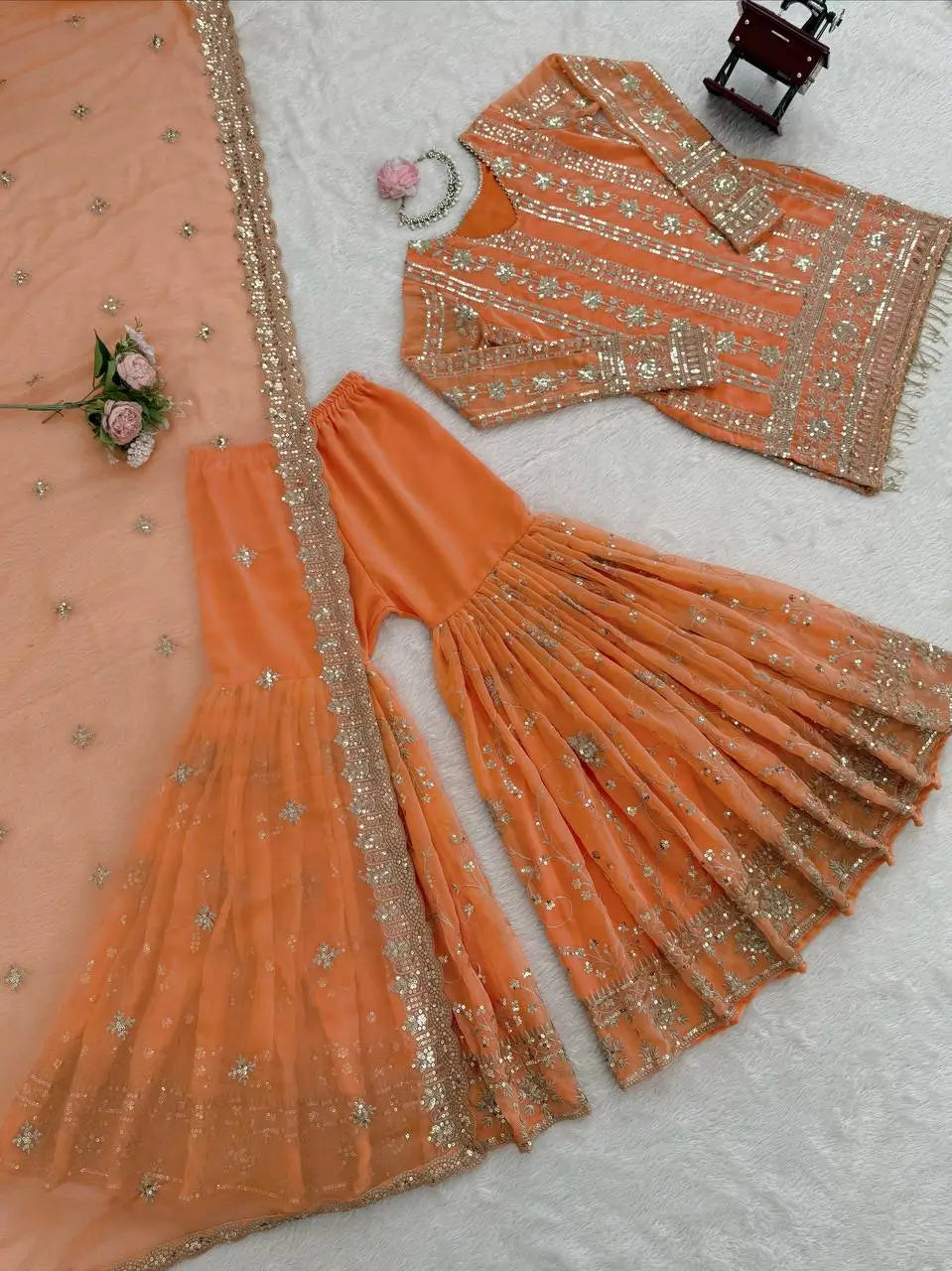 Faux Georgette Embroidered Sharara Set with Dupatta