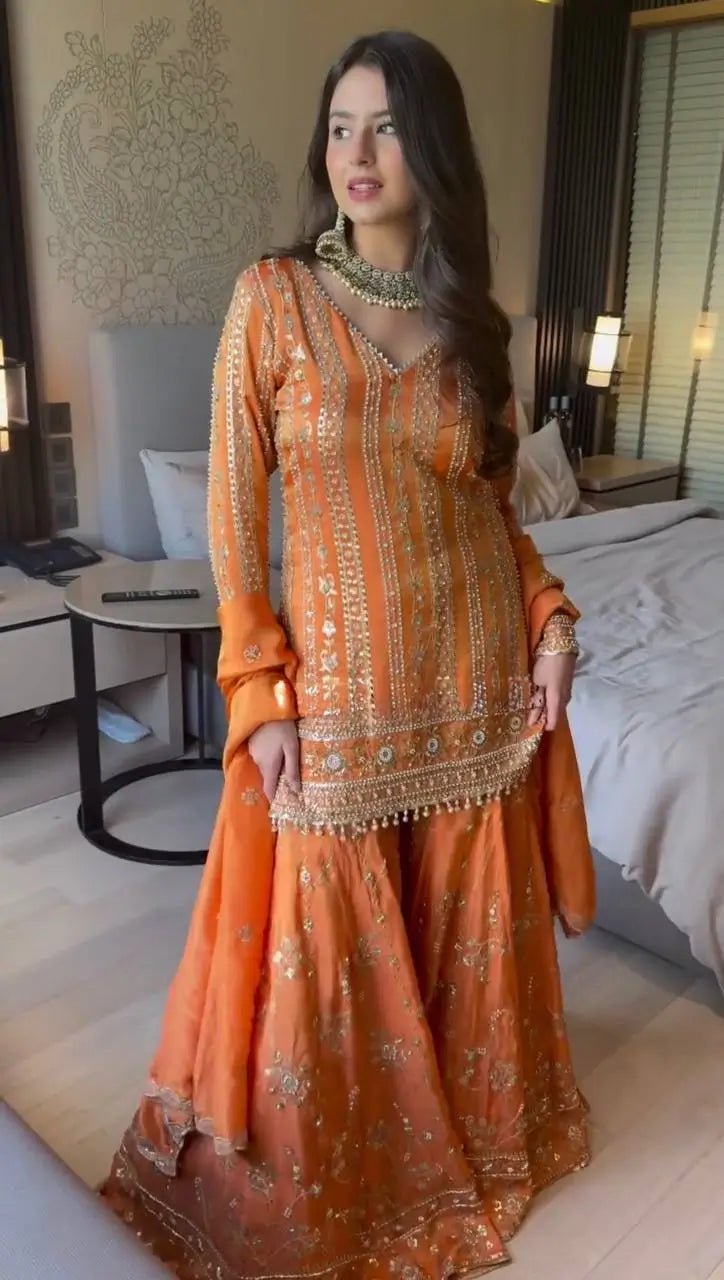 Faux Georgette Embroidered Sharara Set with Dupatta