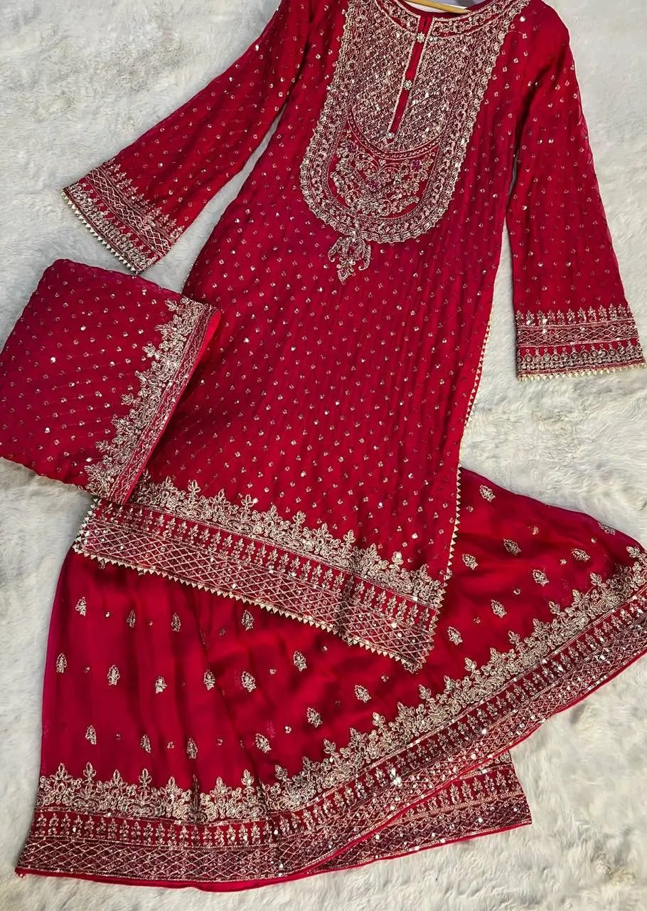 Faux Georgette Embroidered Sharara Suit Set with Dupatta