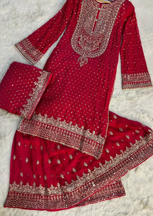 Faux Georgette Embroidered Sharara Suit Set with Dupatta