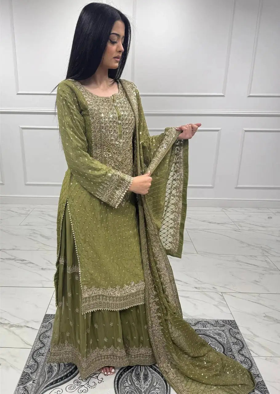 Faux Georgette Embroidered Sharara Suit Set with Dupatta
