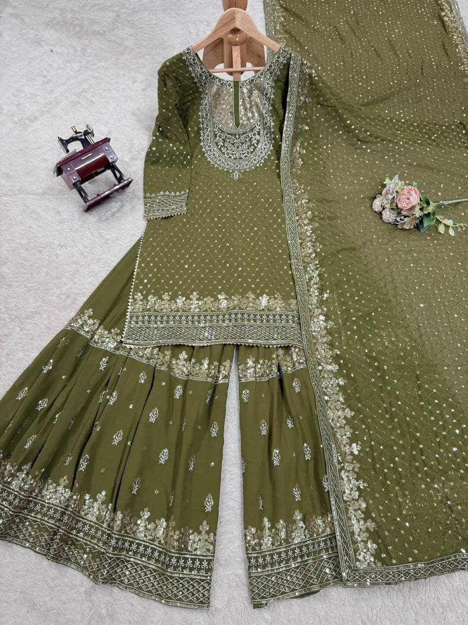Faux Georgette Embroidered Sharara Suit Set with Dupatta