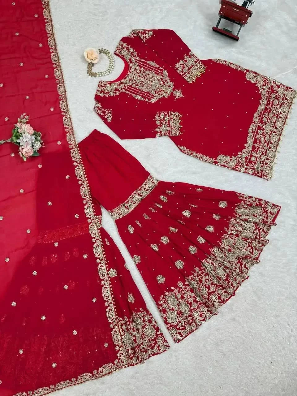 Faux Georgette Embroidered Sharara Suit with Dupatta