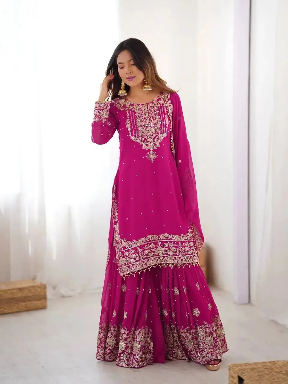 Faux Georgette Embroidered Sharara Suit with Dupatta