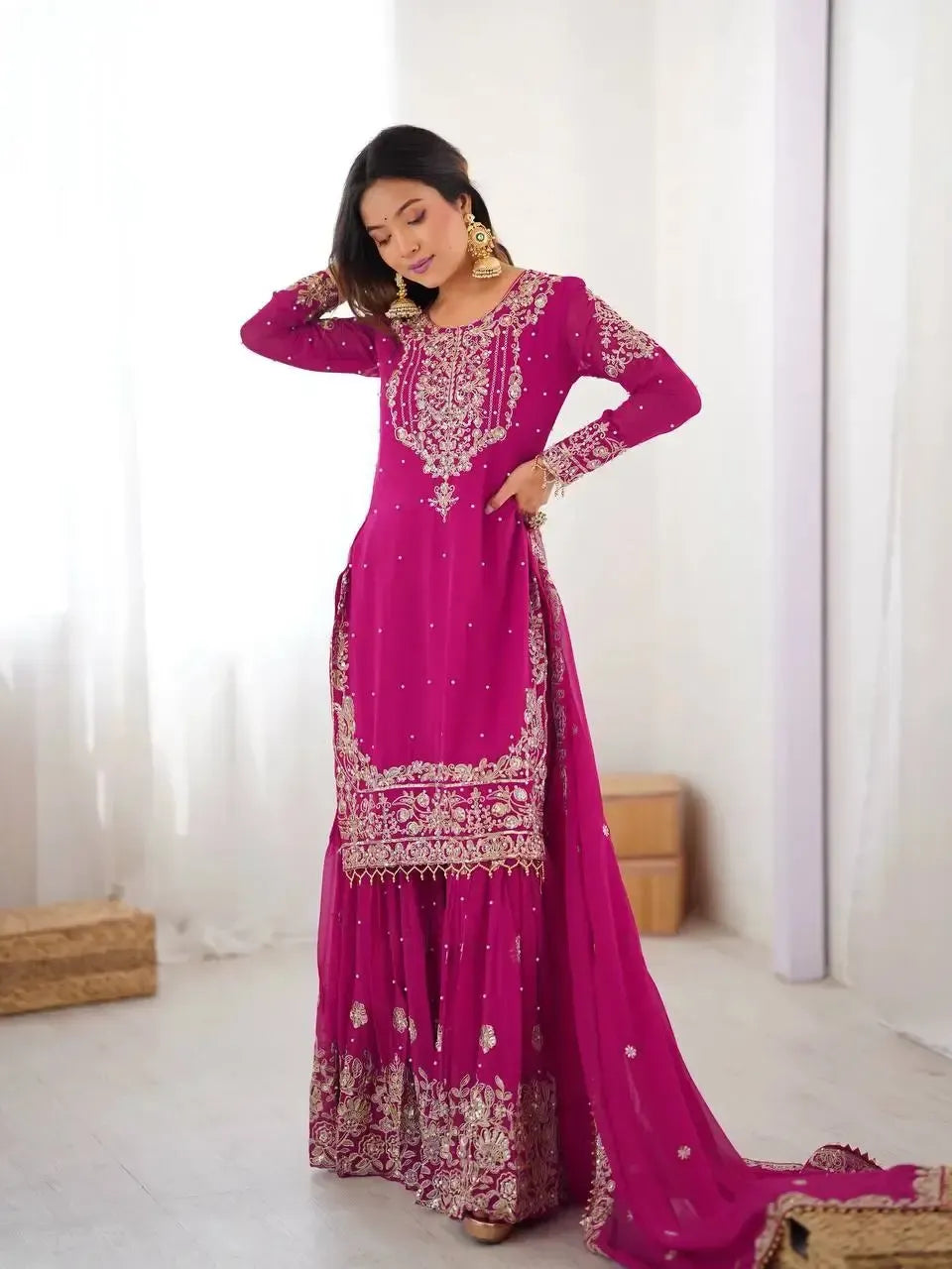 Faux Georgette Embroidered Sharara Suit with Dupatta