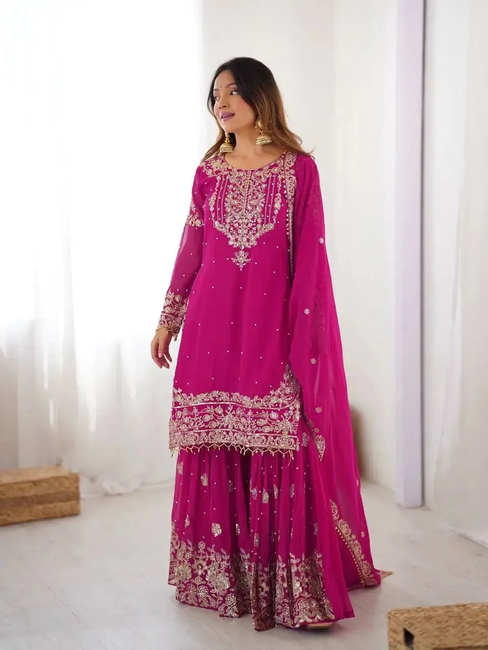 Faux Georgette Embroidered Sharara Suit with Dupatta