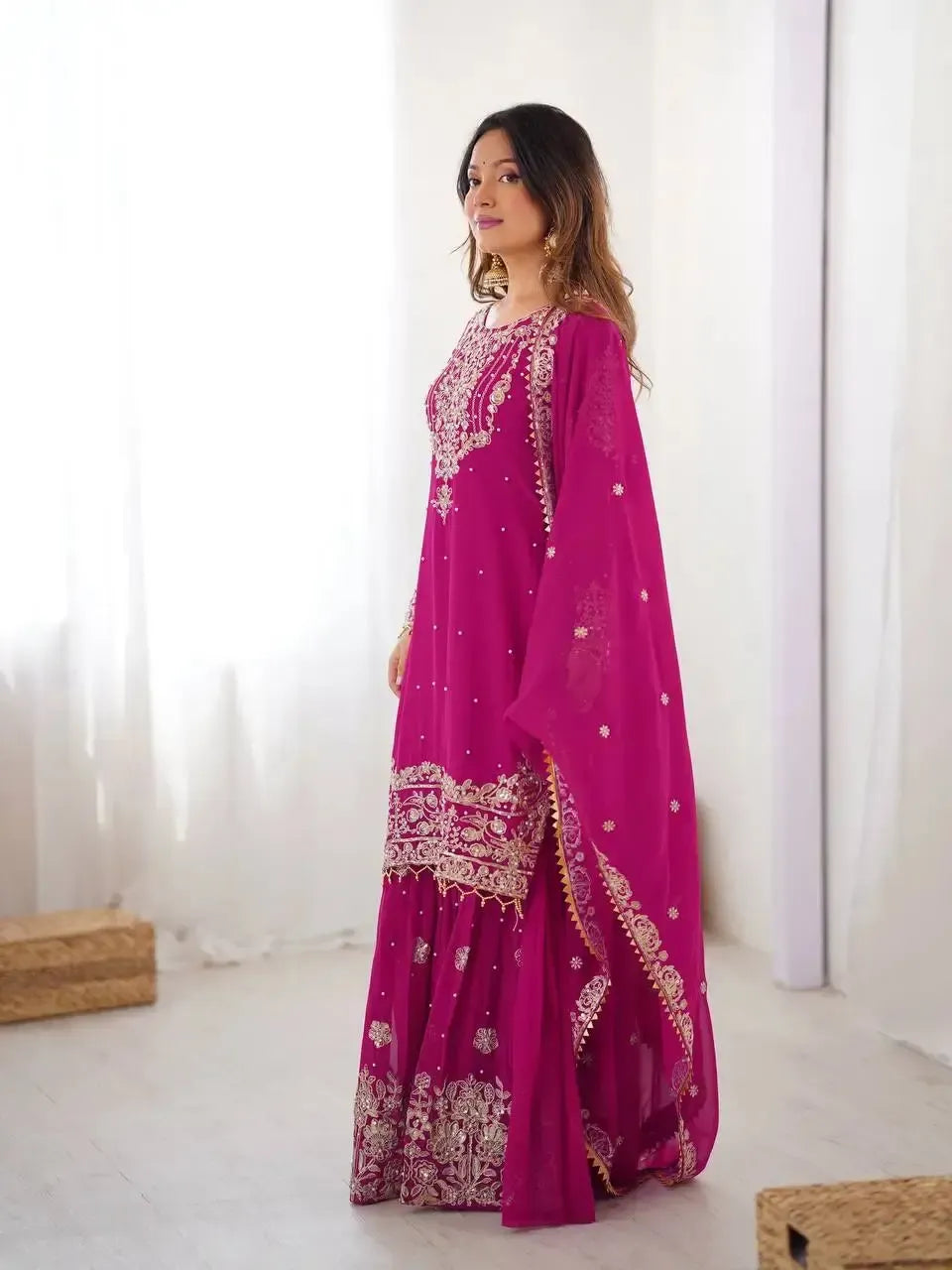 Faux Georgette Embroidered Sharara Suit with Dupatta