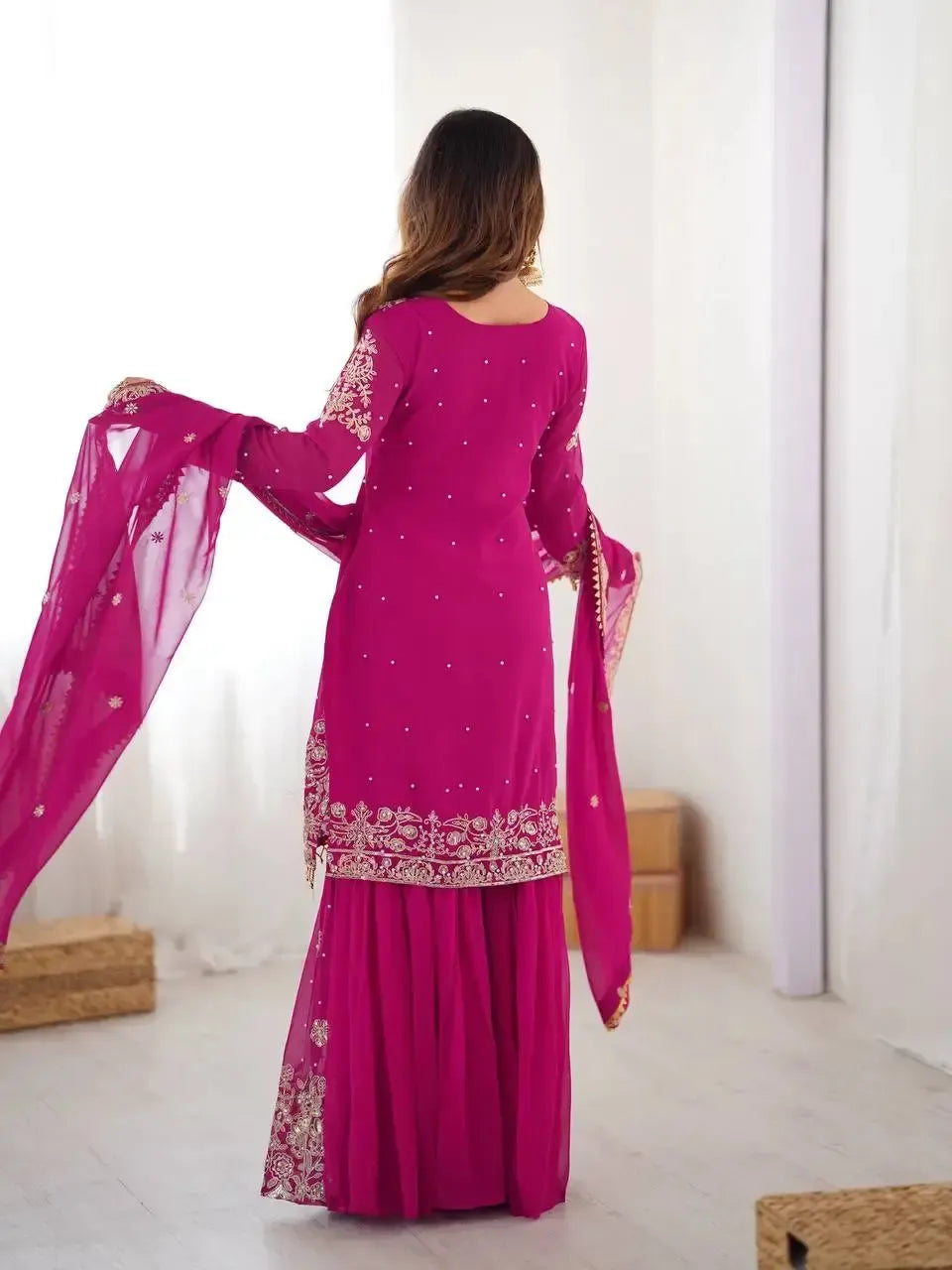 Faux Georgette Embroidered Sharara Suit with Dupatta