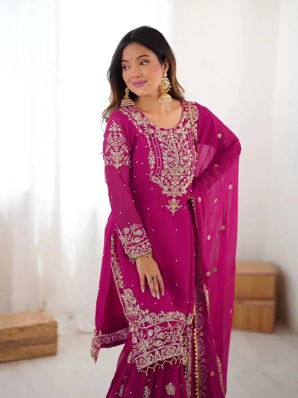 Faux Georgette Embroidered Sharara Suit with Dupatta