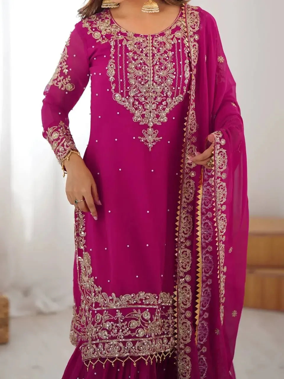 Faux Georgette Embroidered Sharara Suit with Dupatta