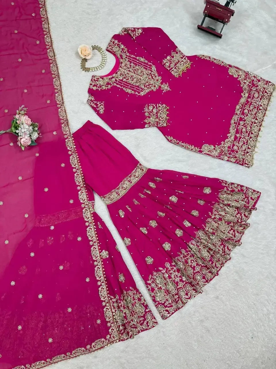 Faux Georgette Embroidered Sharara Suit with Dupatta