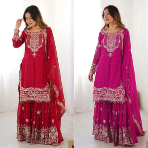 Faux Georgette Embroidered Sharara Suit with Dupatta