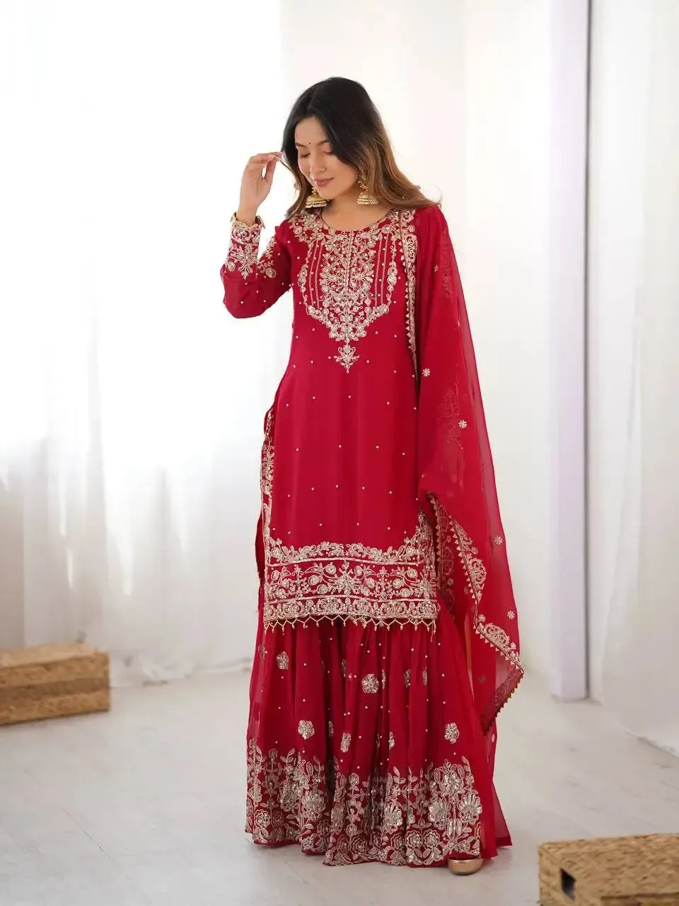 Faux Georgette Embroidered Sharara Suit with Dupatta