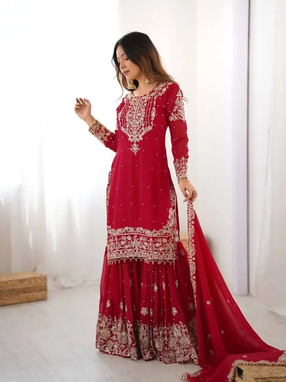 Faux Georgette Embroidered Sharara Suit with Dupatta
