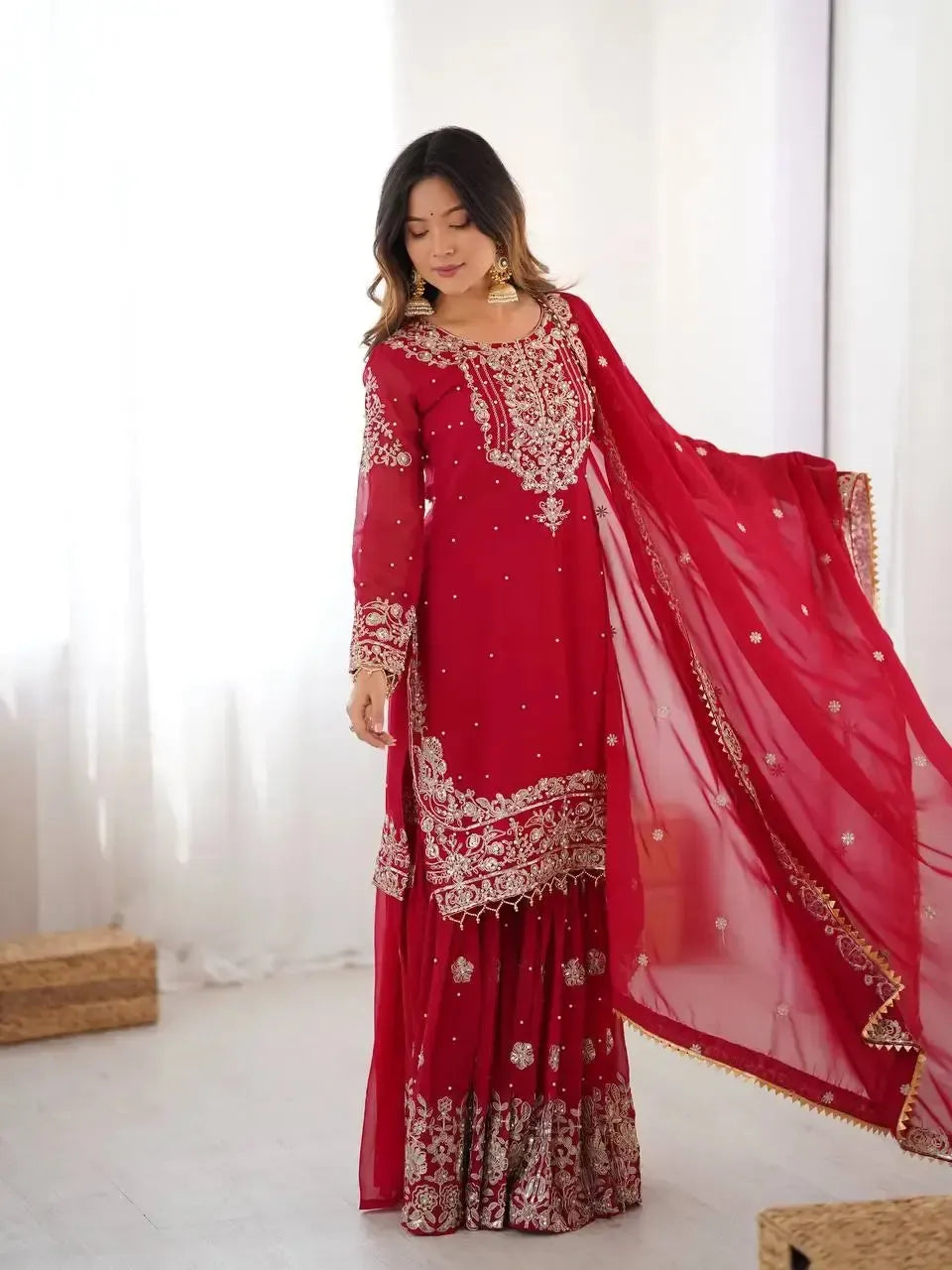 Faux Georgette Embroidered Sharara Suit with Dupatta