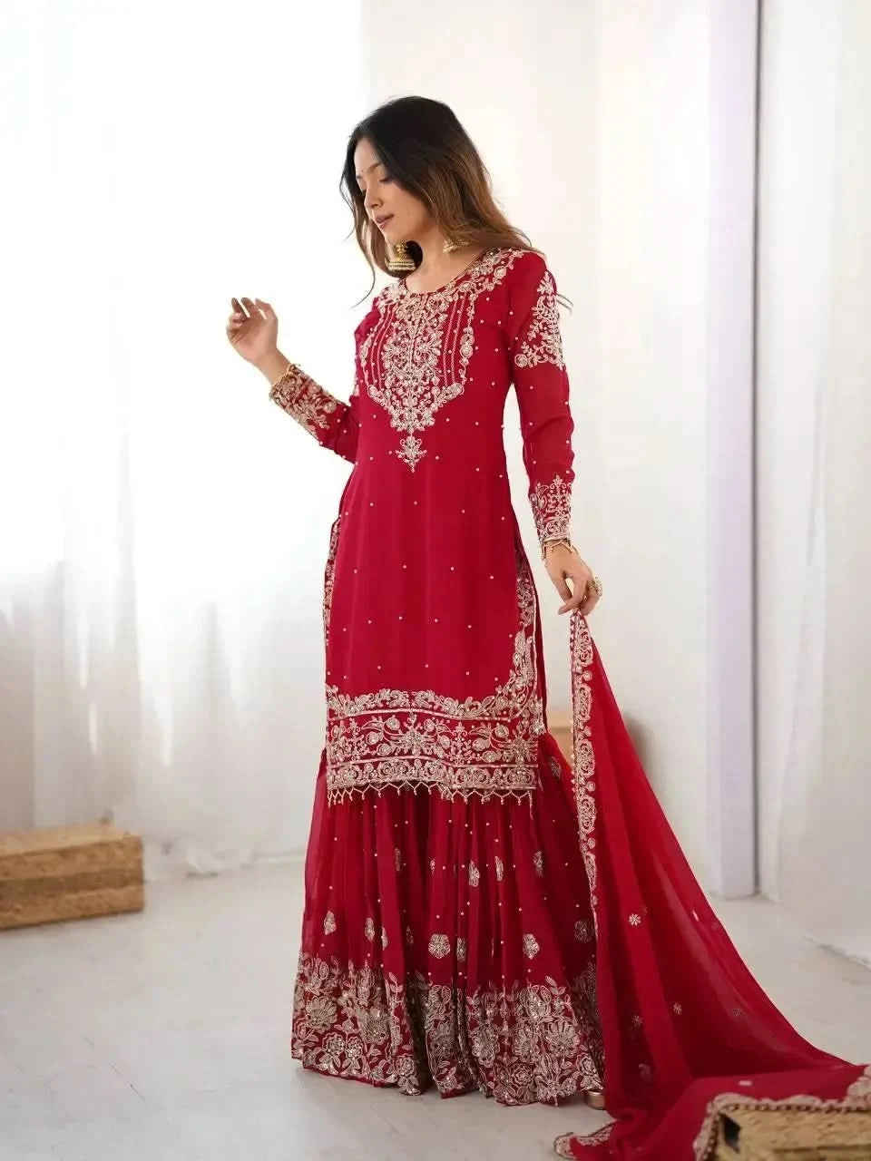 Faux Georgette Embroidered Sharara Suit with Dupatta