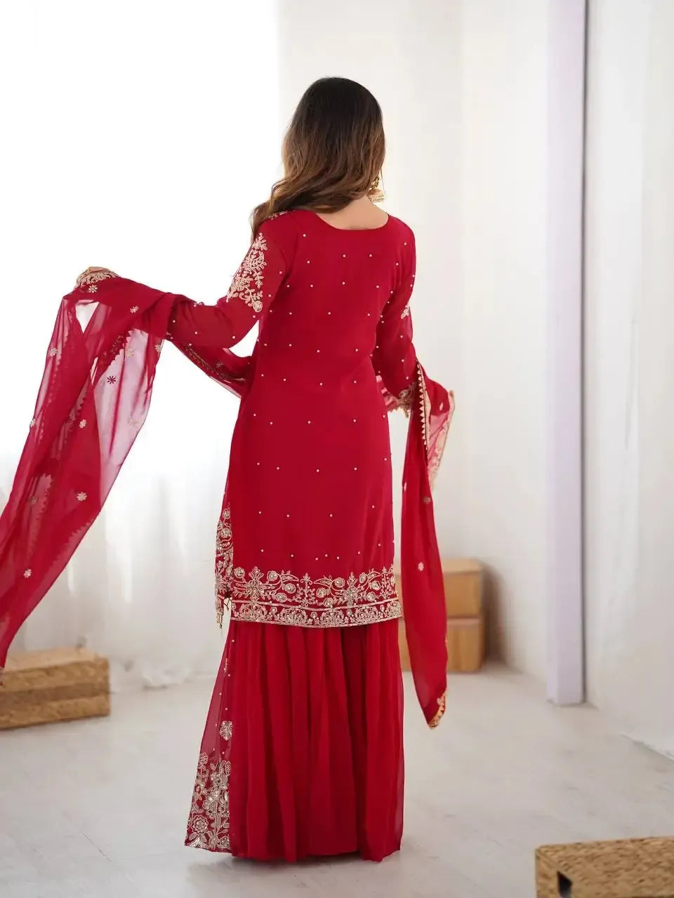 Faux Georgette Embroidered Sharara Suit with Dupatta