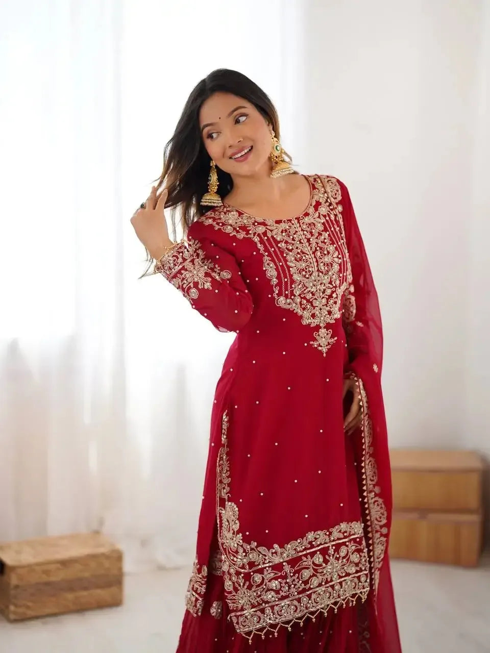 Faux Georgette Embroidered Sharara Suit with Dupatta
