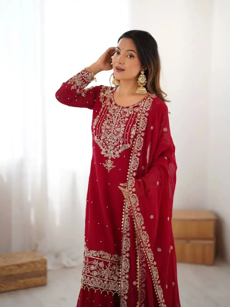 Faux Georgette Embroidered Sharara Suit with Dupatta