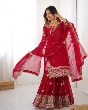 Faux Georgette Embroidered Sharara Suit with Dupatta