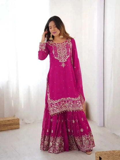 Faux Georgette Embroidered Sharara Suit with Dupatta
