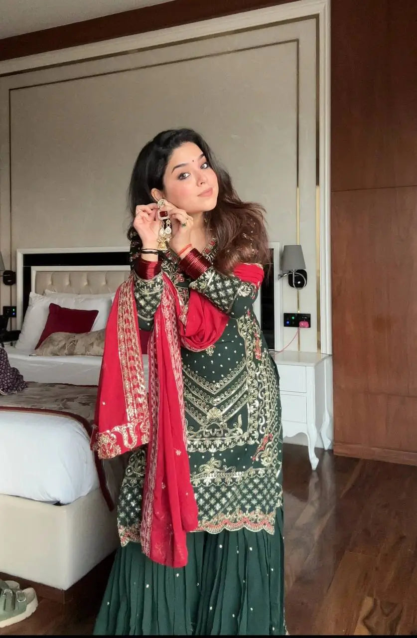 Faux Georgette Heavy Embroidered Sharara Set for Wedding and Festive Wear