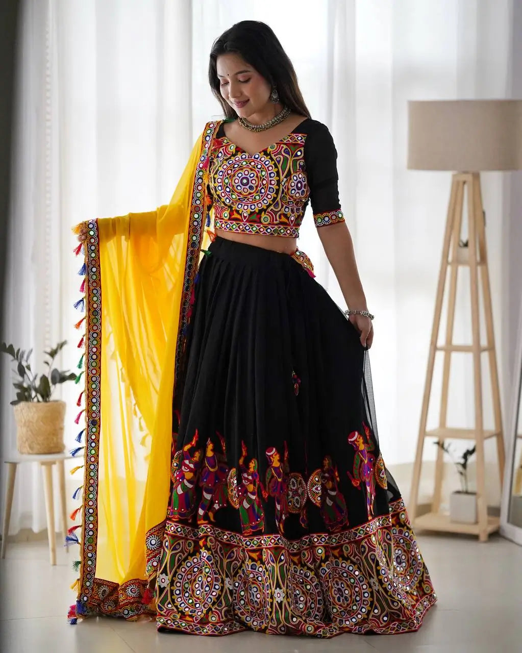 Faux Georgette Original Mirror and Chain-Stitch Embroidered Lehenga Choli Set