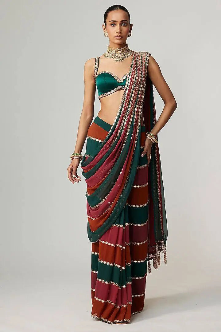 Faux Georgette Real Mirror Embroidered Saree for Festive and Wedding Wear