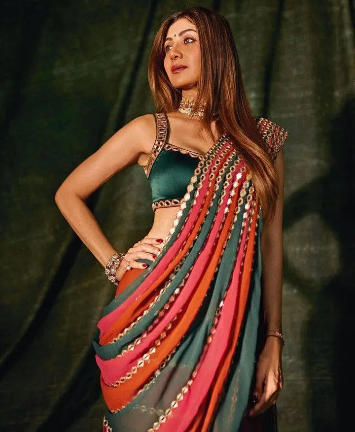 Faux Georgette Real Mirror Embroidered Saree for Festive and Wedding Wear