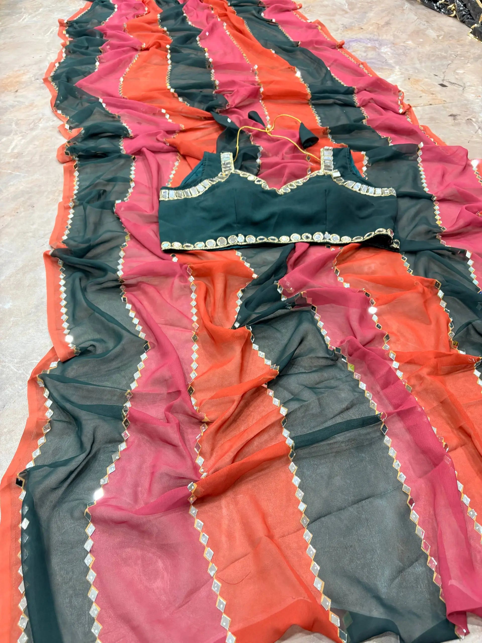 Faux Georgette Real Mirror Embroidered Saree for Festive and Wedding Wear