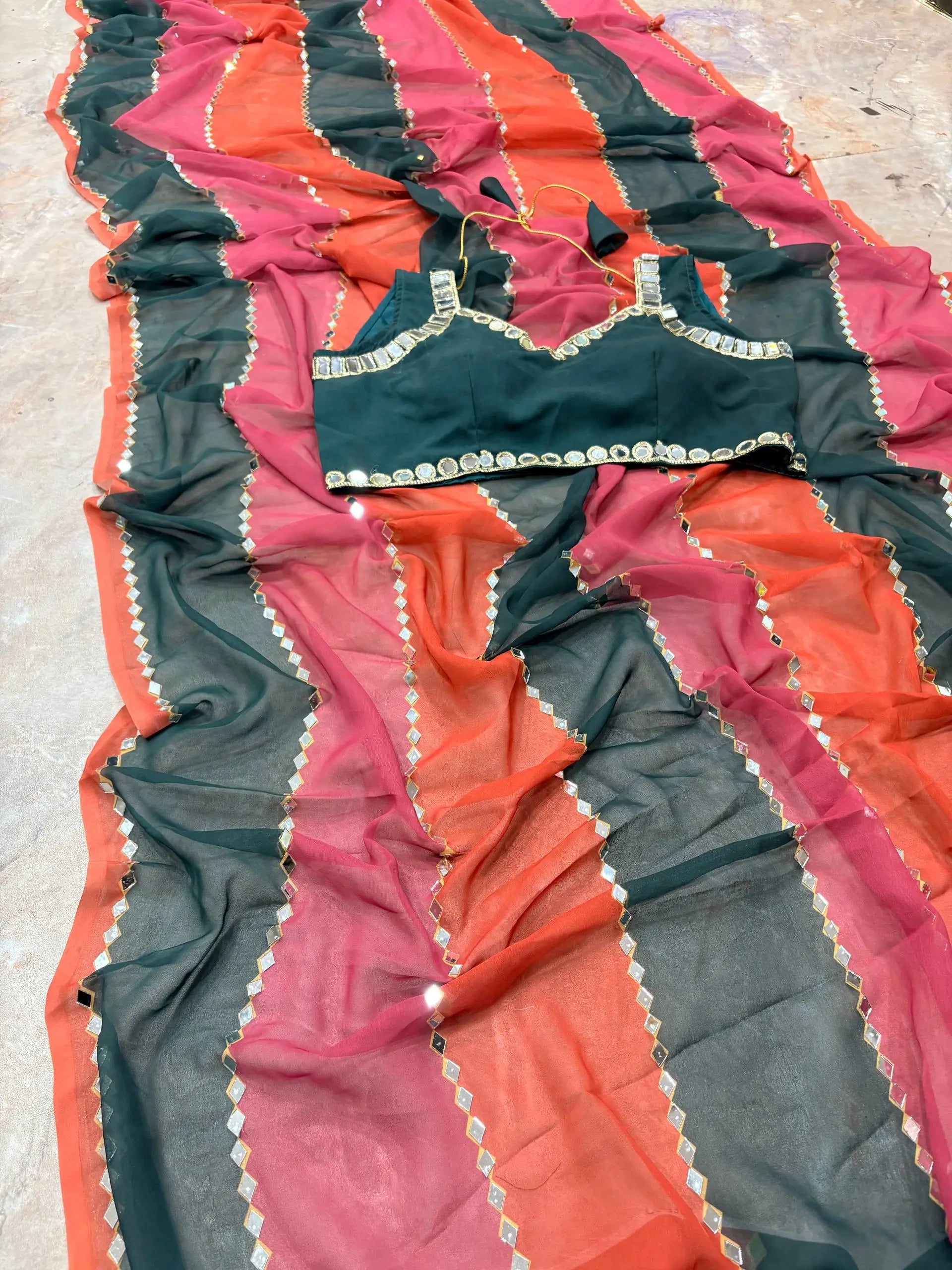 Faux Georgette Real Mirror Embroidered Saree for Festive and Wedding Wear