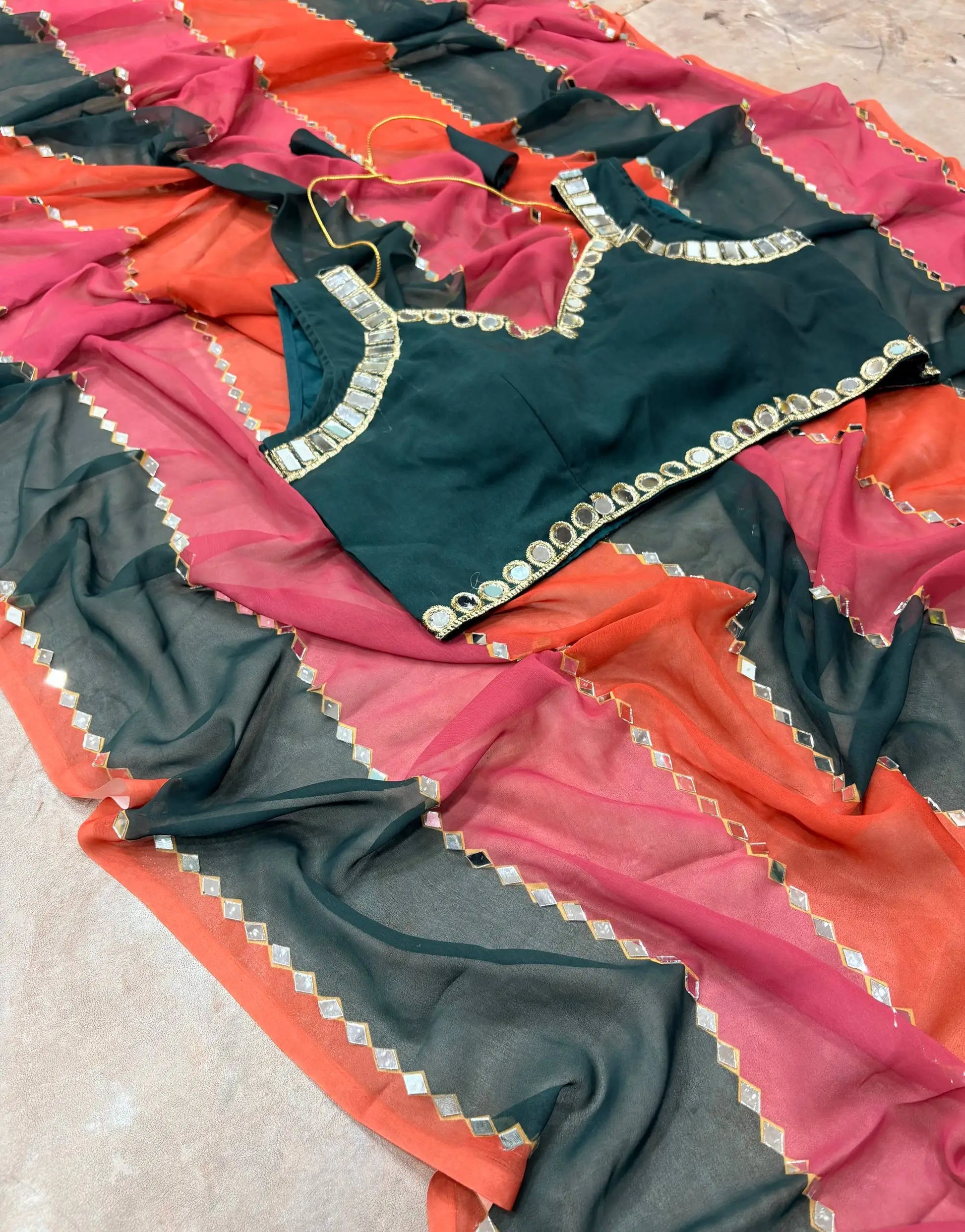 Faux Georgette Real Mirror Embroidered Saree for Festive and Wedding Wear