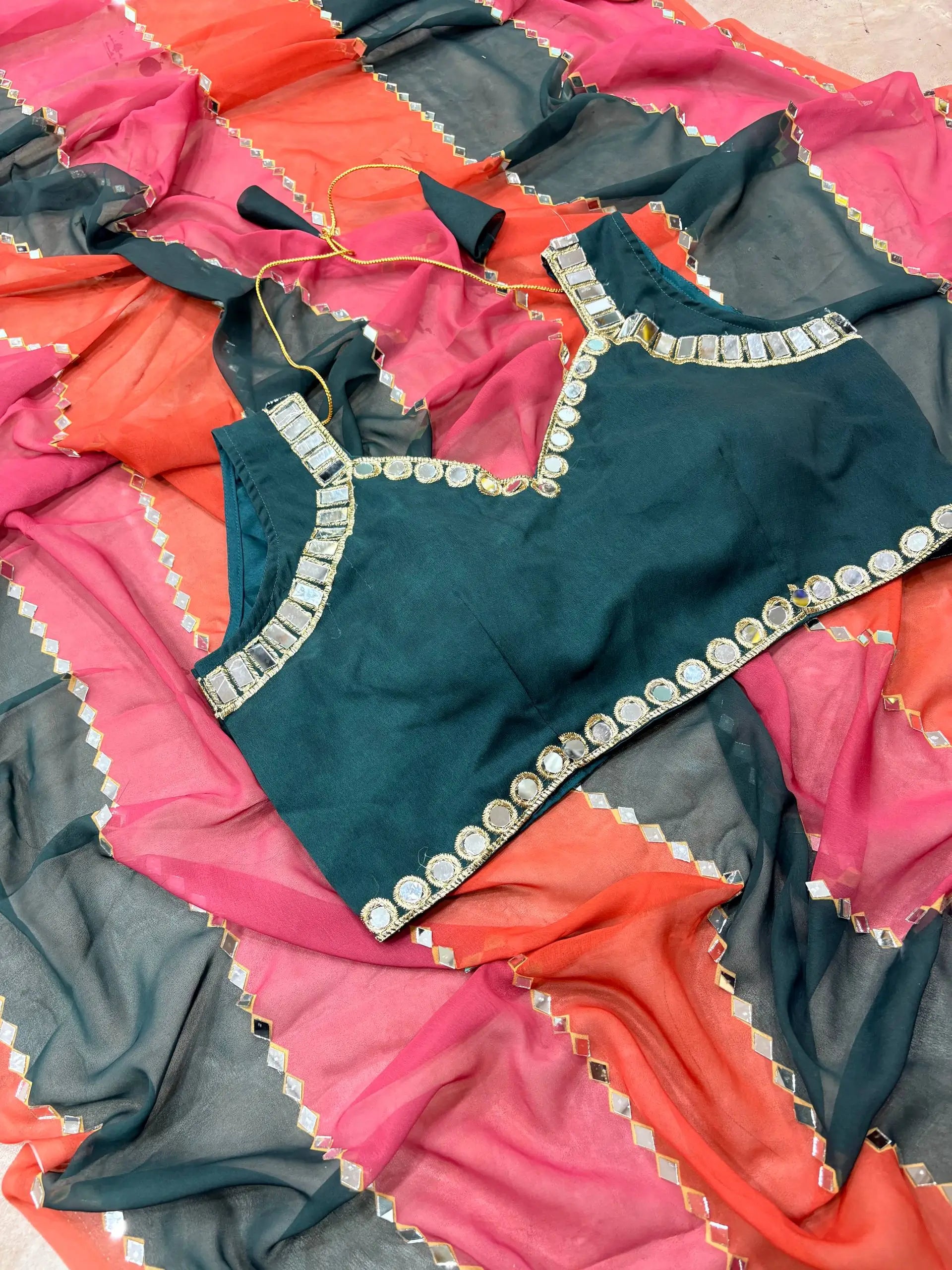 Faux Georgette Real Mirror Embroidered Saree for Festive and Wedding Wear