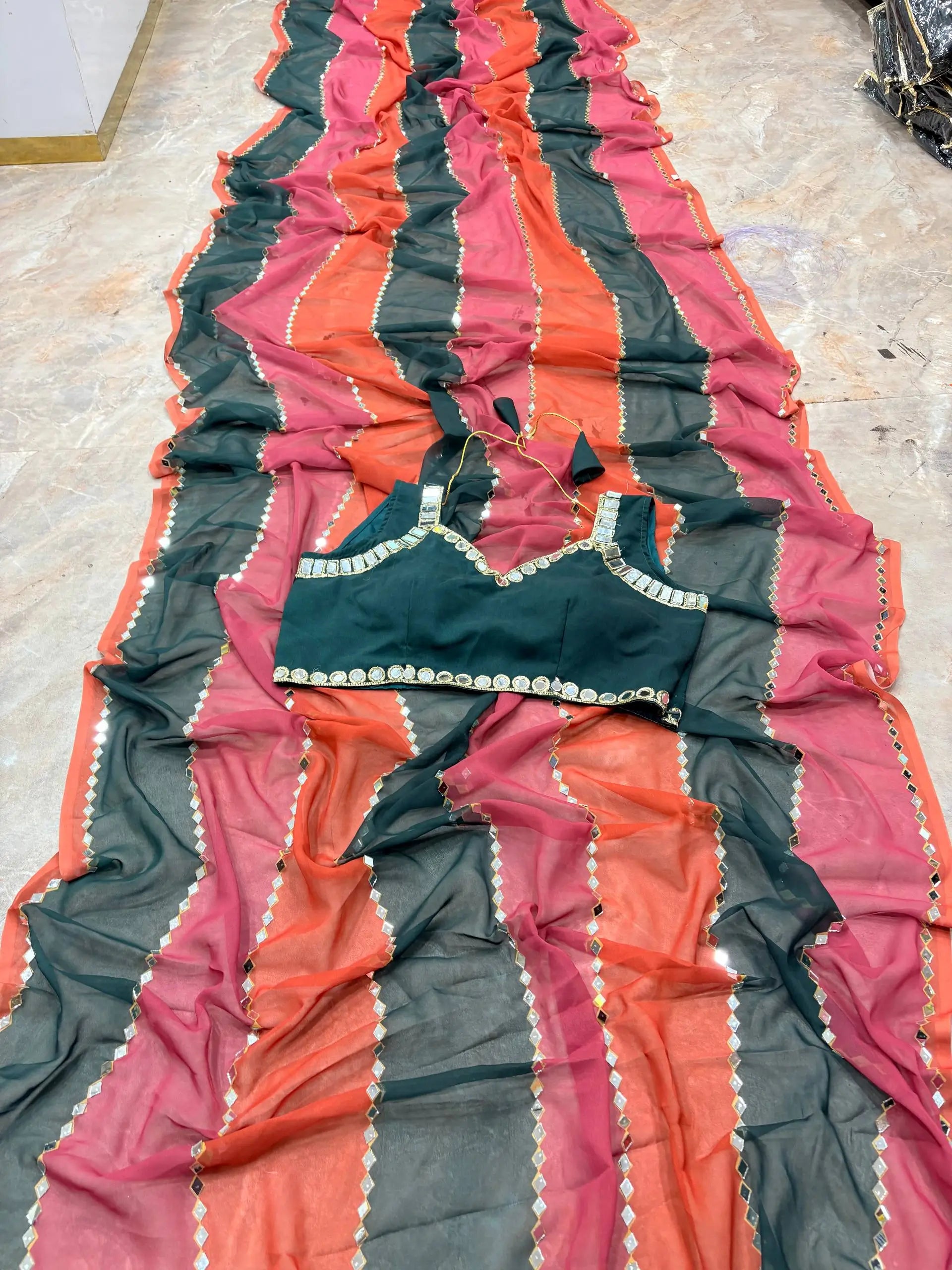 Faux Georgette Real Mirror Embroidered Saree for Festive and Wedding Wear