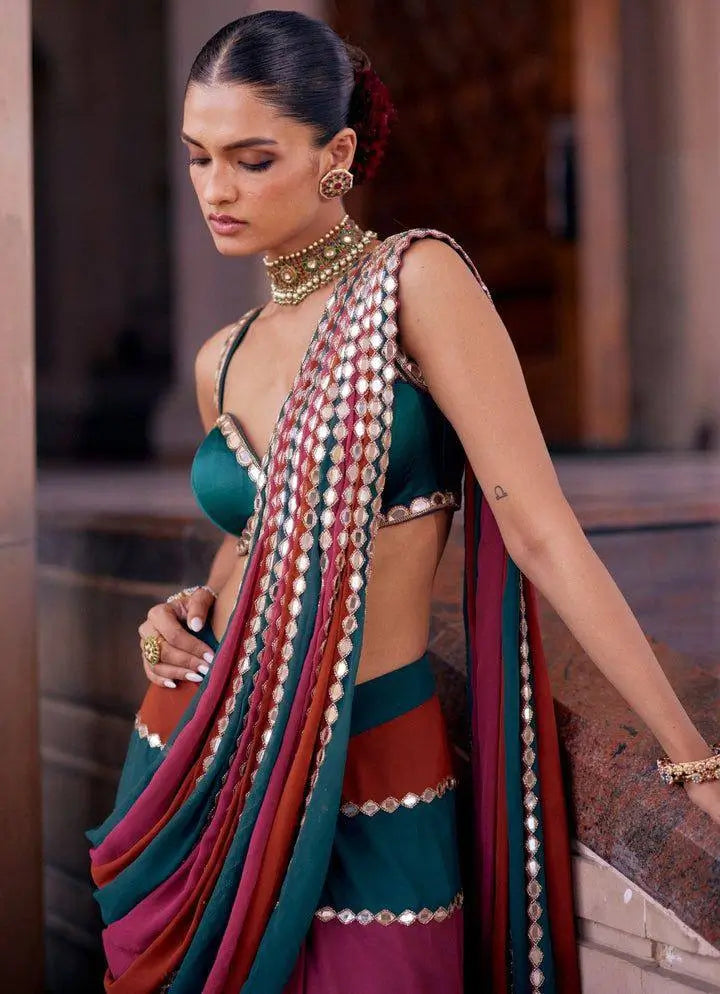 Faux Georgette Real Mirror Embroidered Saree for Festive and Wedding Wear
