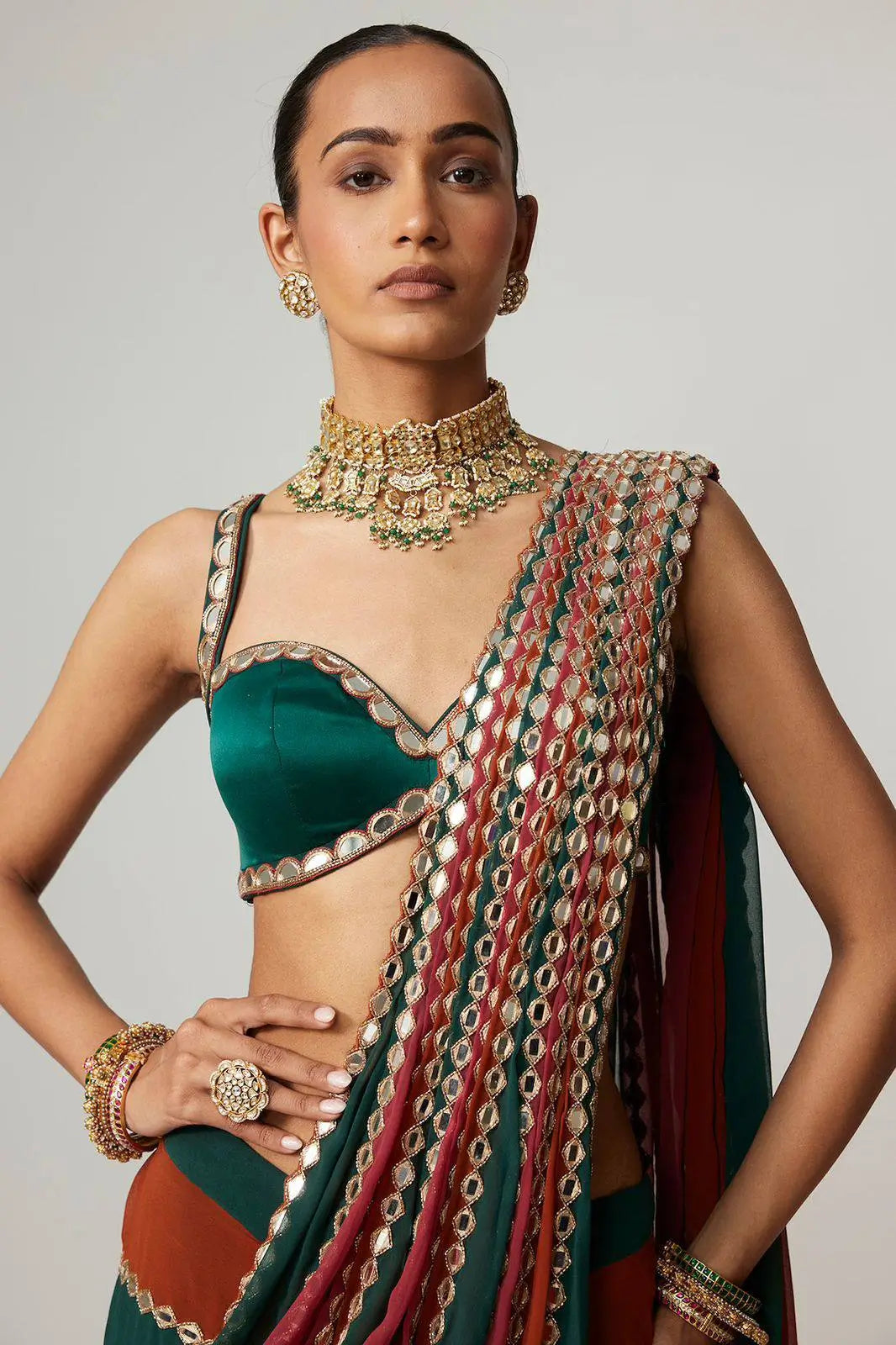Faux Georgette Real Mirror Embroidered Saree for Festive and Wedding Wear