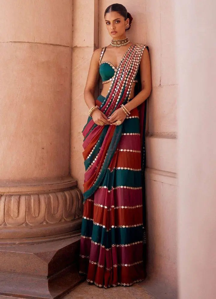 Faux Georgette Real Mirror Embroidered Saree for Festive and Wedding Wear