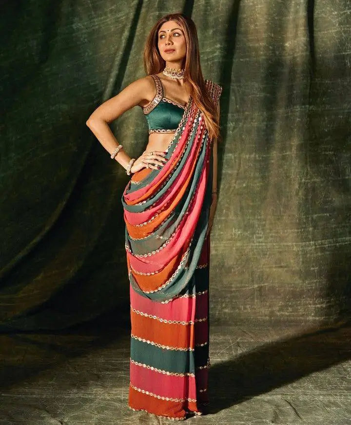 Faux Georgette Real Mirror Embroidered Saree for Festive and Wedding Wear