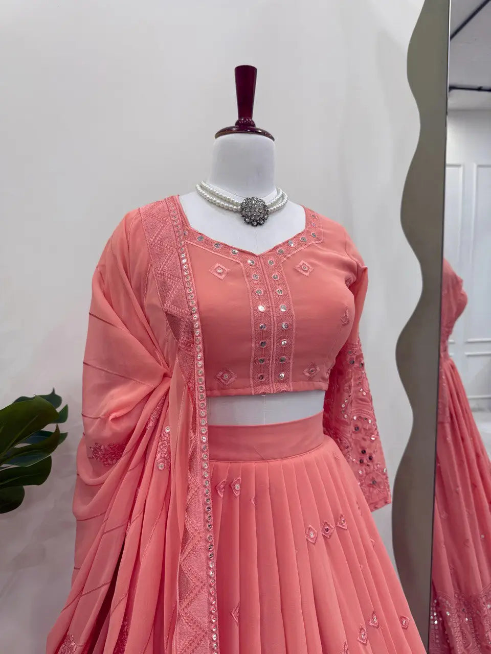 Faux Georgette Sequin Embroidered Lehenga Set with Dupatta