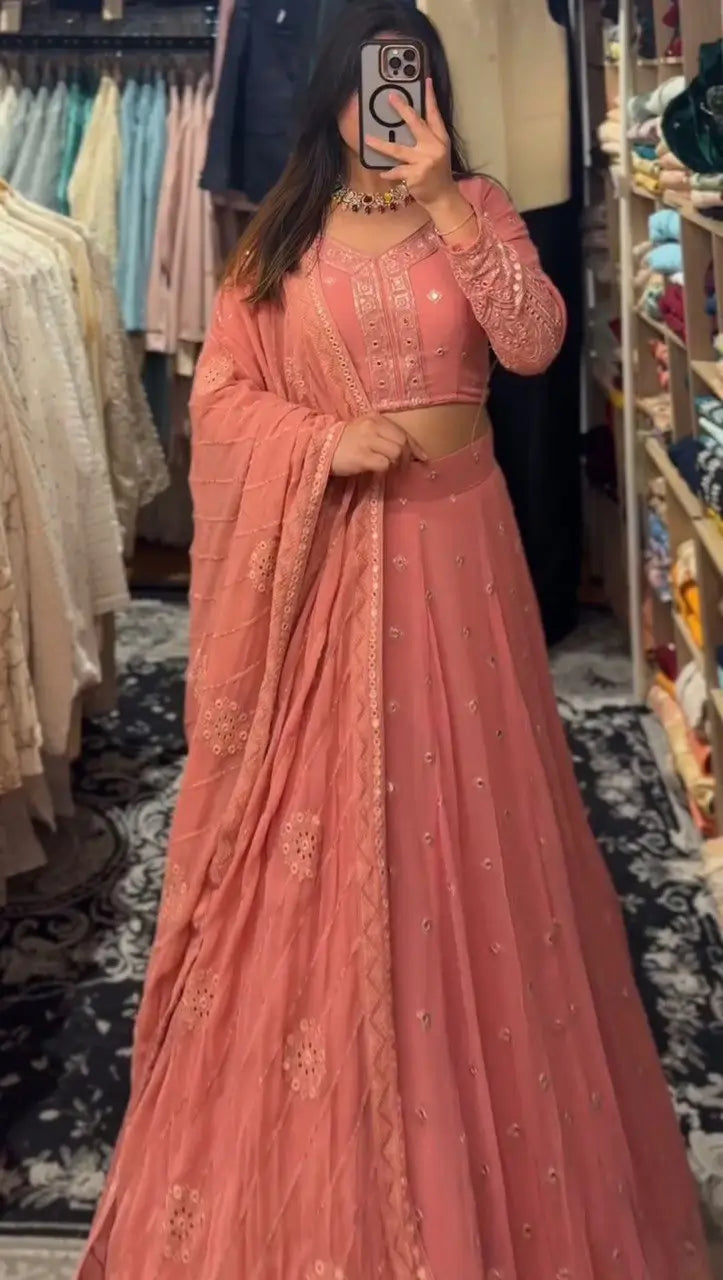 Faux Georgette Sequin Embroidered Lehenga Set with Dupatta