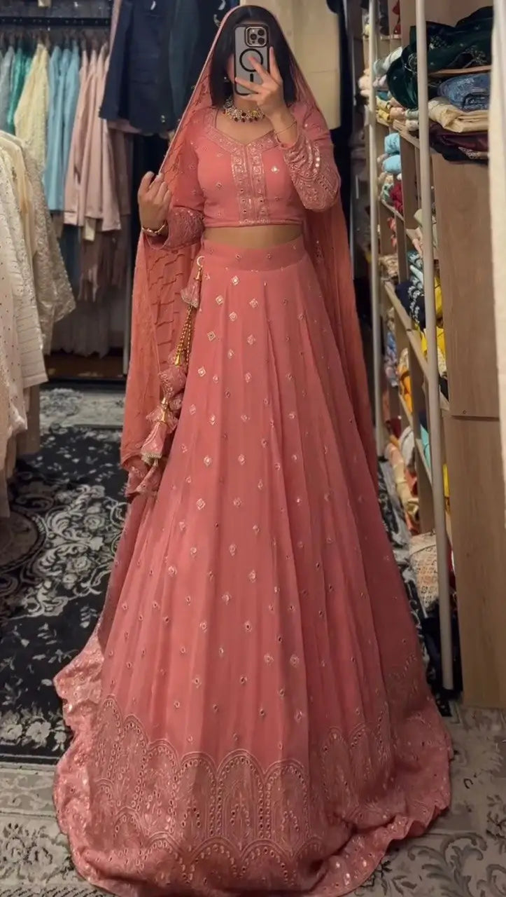 Faux Georgette Sequin Embroidered Lehenga Set with Dupatta