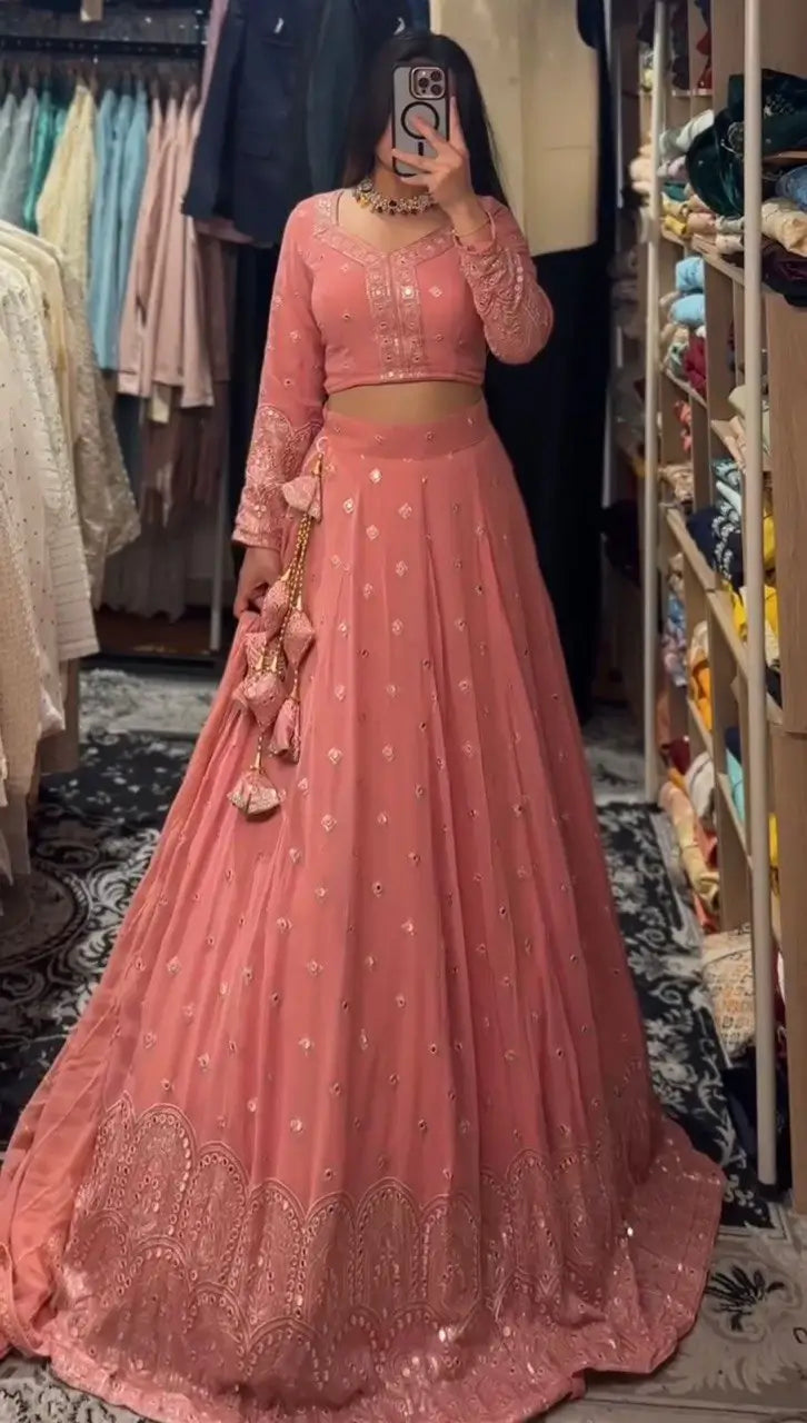 Faux Georgette Sequin Embroidered Lehenga Set with Dupatta